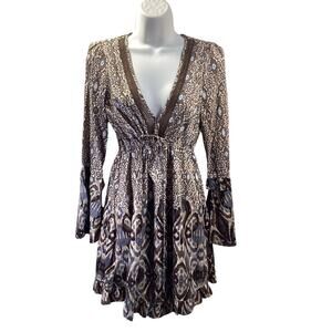 Sanctuary 100% Cotton Boho Tribal Print Flare Long Sleeve Short Empire Dress S